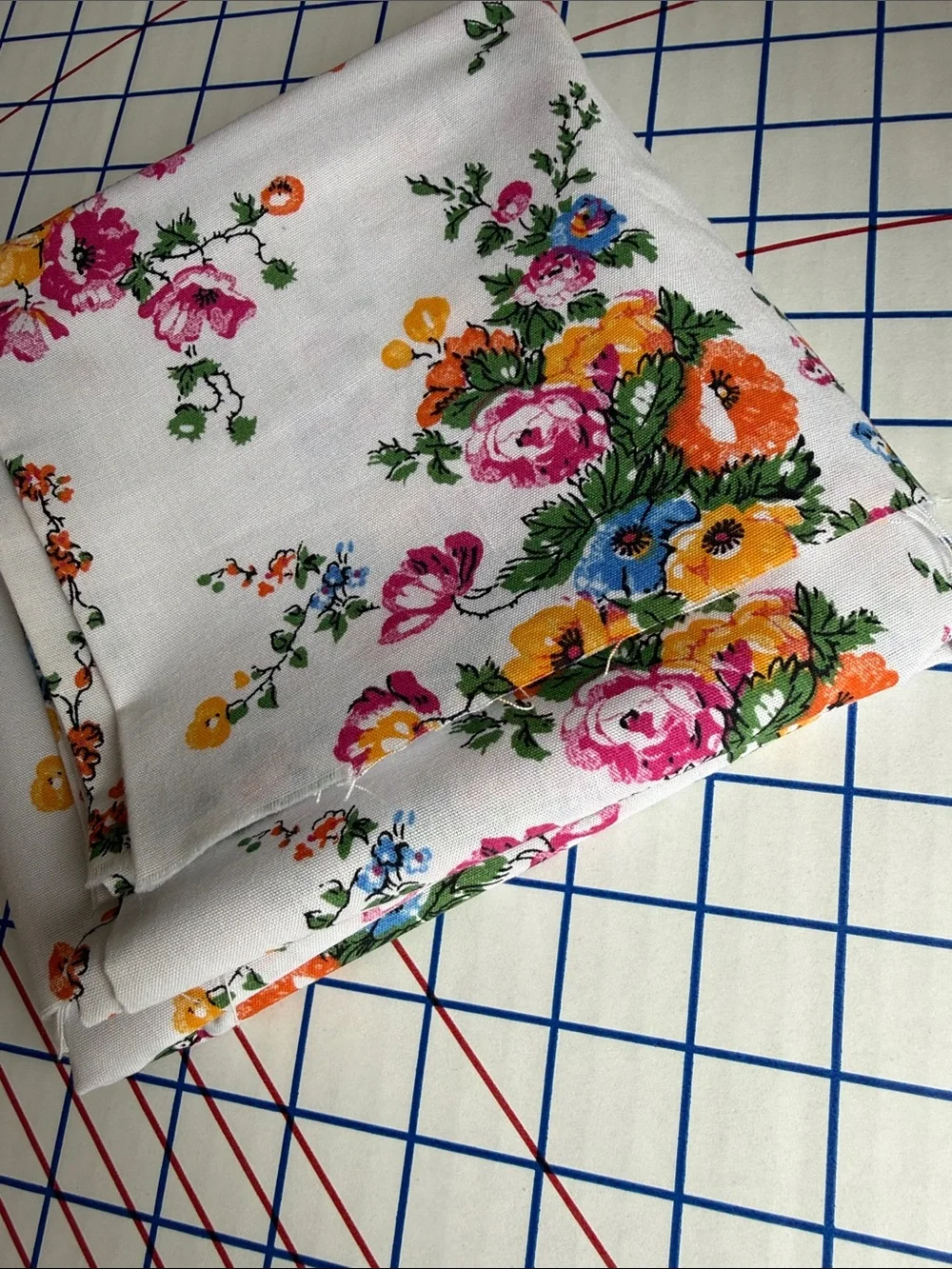 Vintage Floral Cotton Poly Fabric White Pink Blue Orange Bouquet Print 1 1/3 Yds